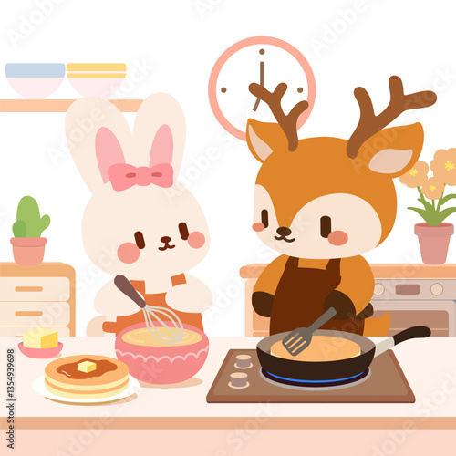 Adorable Bunny and Deer Making Pancakes in Cartoon Kitchen. llustration of a cute rabbit and deer happily cooking pancakes together in a cozy, pastel colored kitchen.
