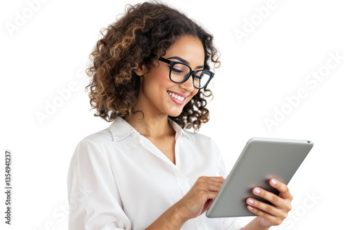 Smiling woman with curly hair and glasses using a tablet, wearing a white shirt, isolated on a white background. Concept of technology and communication. Ai generative