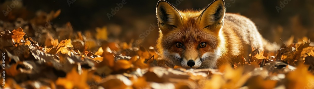 A beautiful red fox resting among fallen autumn foliage on the ground A beautiful red fox resting among fallen autumn foliage on the ground