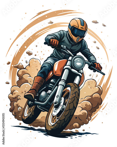 A lone biker, silhouetted against a blazing sun, speeds across a vast, dusty plain, kicking up a cloud of dirt.  High-speed action shot.