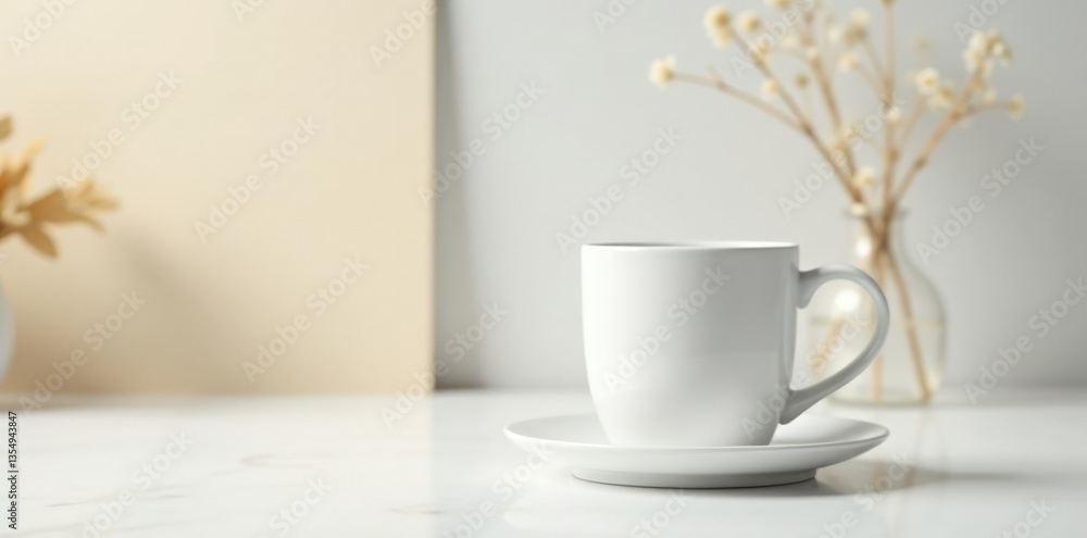 White and gold surfaces create a harmonious still life with a white mug, minimalist, clean White and gold surfaces create a harmonious still life with a white mug, minimalist, clean