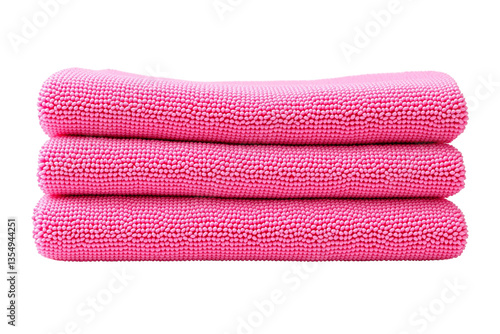 Pink microfiber towels stacked neatly, isolated on white background. Soft and textured fabric for cleaning or bath use. Ai generative