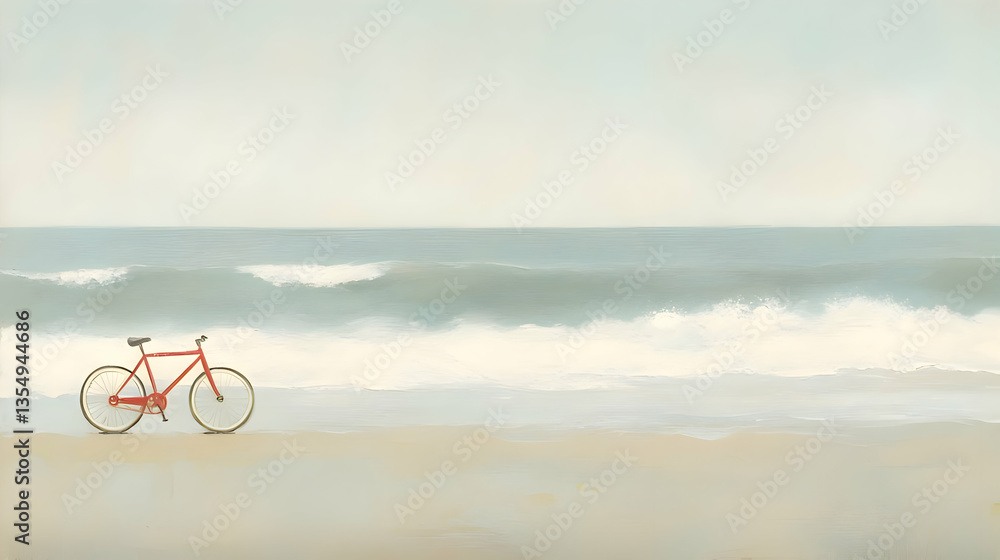 Fototapeta premium Red Bicycle on a Sandy Beach with Ocean Waves and Sky