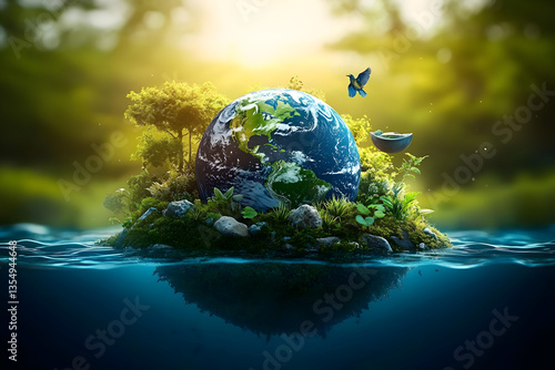Fototapeta Naklejka Na Ścianę i Meble -  World environment and earth day concept with blue globe and eco friendly enviroment. Generative ai