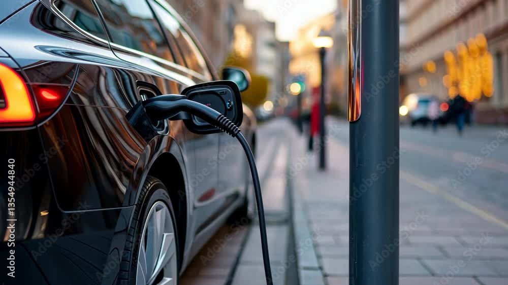 A black car is plugged into a charging station. The car is parked on a small city street. A black car is plugged into a charging station. The car is parked on a small city street.