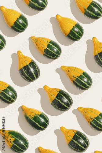 Yellow Pumpkin graphic pattern, decorative different pumpkins, squash top view minimal flat lay on beige. Autumn, fall, halloween holiday still life. Autumnal scene, sunlight shadow