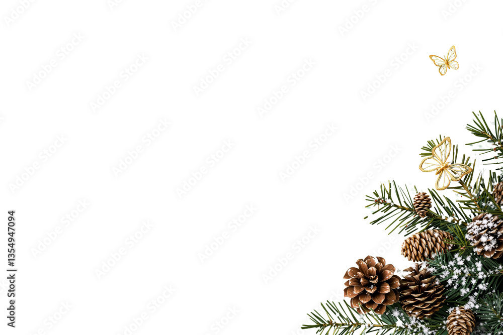 Fototapeta premium Festive Christmas pinecones and evergreen branches with golden butterfly decorations and snow on a white background. Holiday decoration concept. Ai generative