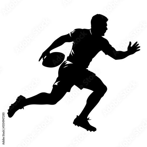 a silhouette of a rugby player running with the ball, emphasizing dynamic movement and action. The player is captured in mid-stride