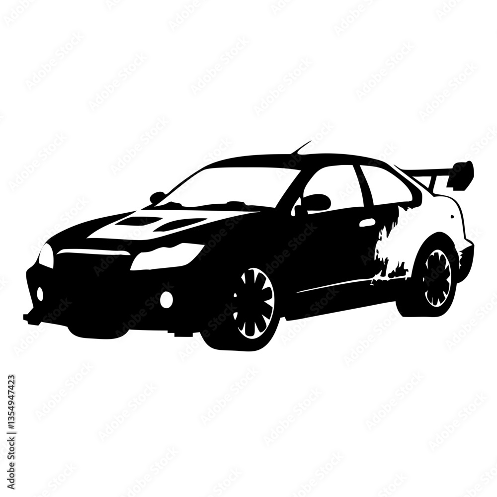 a stylish sports car with an aggressive design, ready for speed. A black and white silhouette that emphasizes its sleek lines and aerodynamic features a stylish sports car with an aggressive design, ready for speed. A black and white silhouette that emphasizes its sleek lines and aerodynamic features