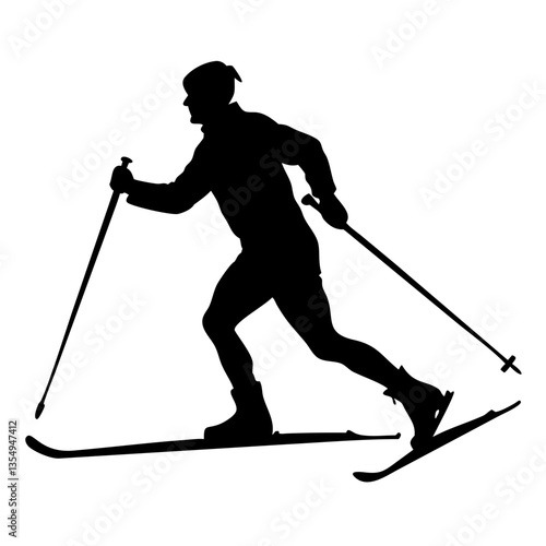 a silhouette of a person skiing swiftly across the snow-covered landscape. The skier is holding ski poles and moving with speed