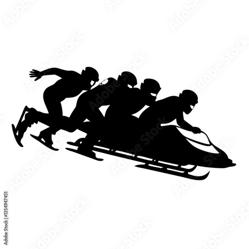 a silhouette of a four-person bobsleigh team racing down a track. The image captures the dynamic movement and teamwork involved in the sport