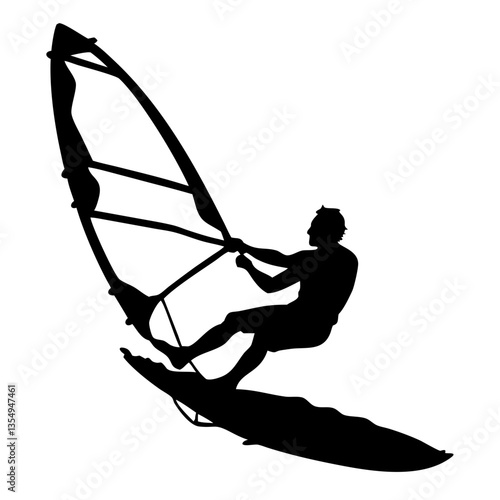 a silhouette of a person windsurfing on the water, with the sail up and the board beneath them. The silhouette creates a sense of dynamic movement against the water