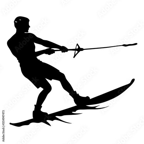 a silhouette of a person wakeboarding on the water, they're holding onto the rope with their arms and legs bent