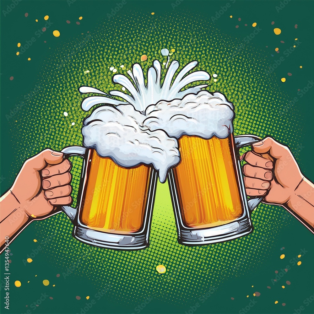 Two hands clinking beer mugs with a splash of foam. Poster for beer party, bar or pub. Pop art vector illustration.