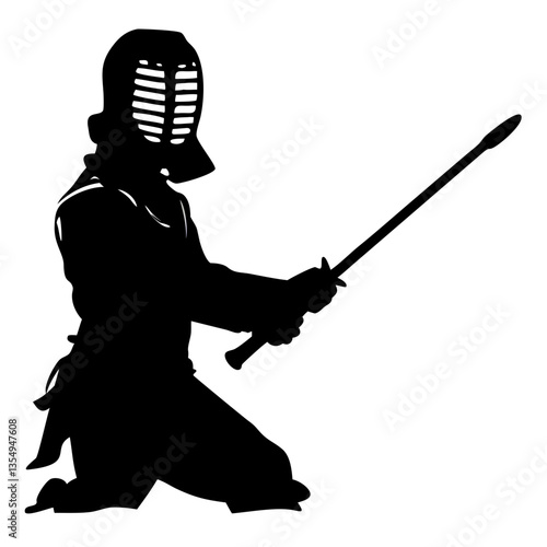 silhouette of a kendo practitioner in a kneeling stance, holding a wooden sword, ready for training