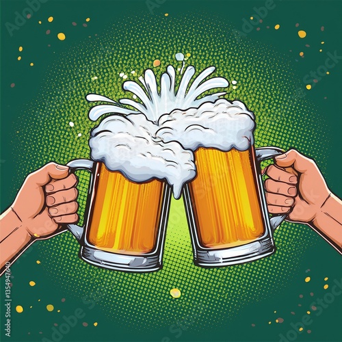 Obraz na płótnie Two hands clinking beer mugs with a splash of foam. Poster for beer party, bar or pub. Pop art vector illustration. w salonie
