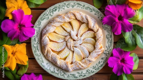 Wallpaper Mural An appetizing homemade apple tart sits amidst vibrant blooming flowers Torontodigital.ca