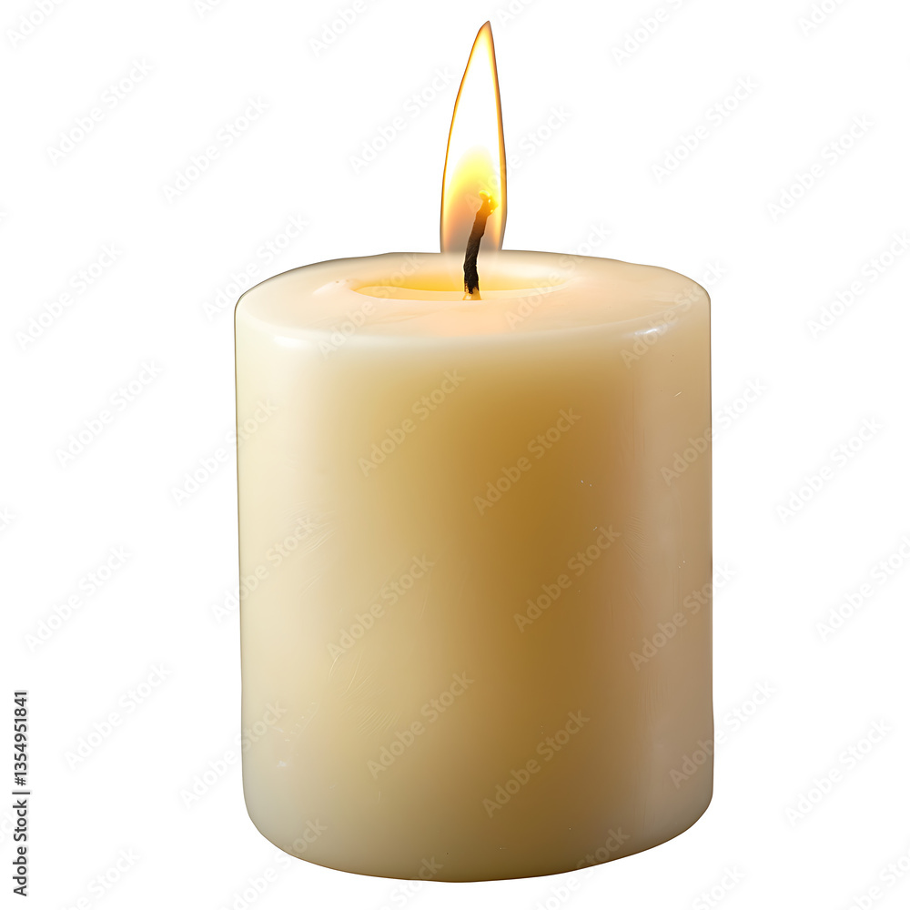 Candle flame burning softly on a white wax candle, isolated on a white background Candle flame burning softly on a white wax candle, isolated on a white background