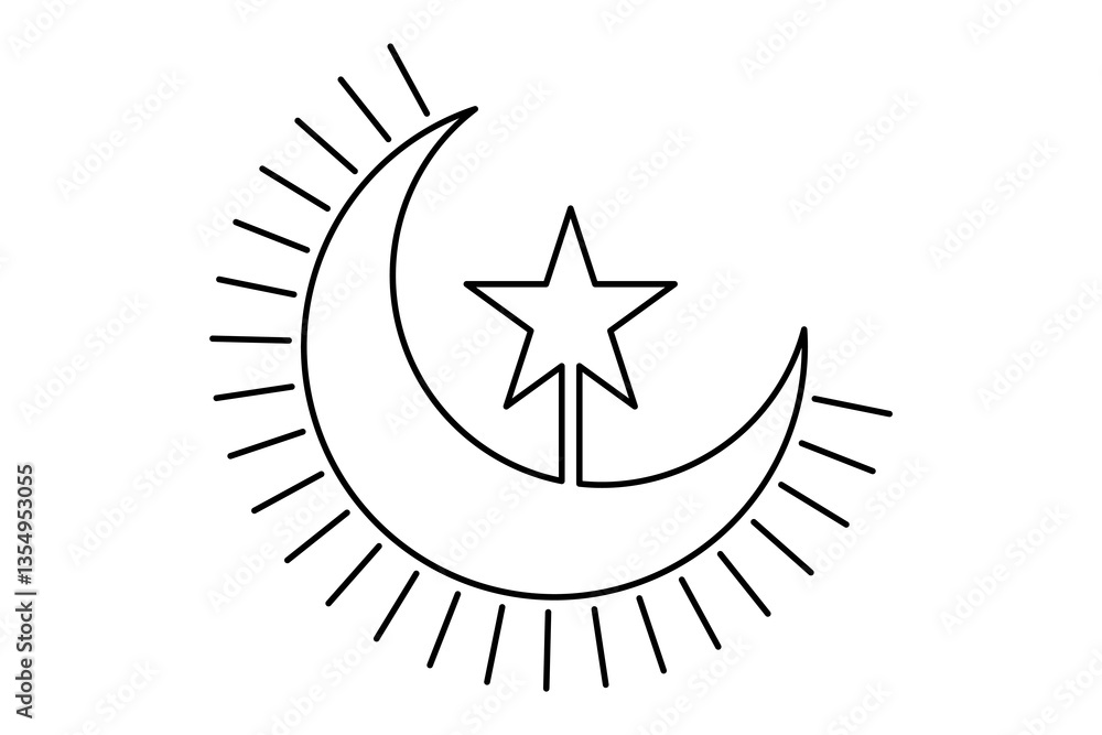 Continuous single line sketch drawing of Islamic Arabic crescent moon, star, Ramadan, Kareem, Eid Mubarak, vector illustration Continuous single line sketch drawing of Islamic Arabic crescent moon, star, Ramadan, Kareem, Eid Mubarak, vector illustration