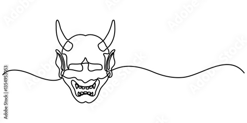 hannya mask continuous one line drawing, Hannya Japanese Irezumi Oni Mask. Samurai Warrior Devil Mask Outline Silhouette, Japanese demon mask, pro vector illustration on white background. minimalist.