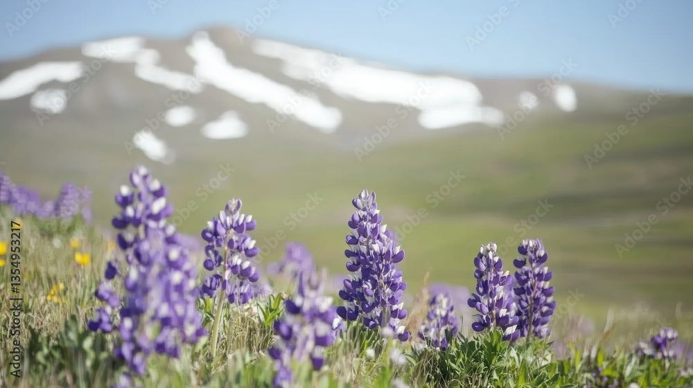 Obraz premium Field of purple flowers with a snowy mountain background