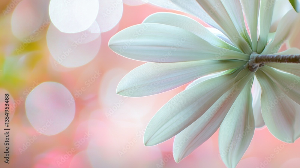 Fototapeta premium Delicate white leaves bloom against a soft pink background glow
