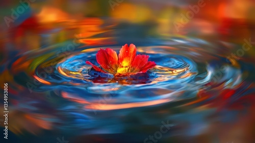 A vibrant red flower floating gently on rippling water waves