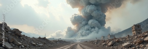 Graying-white smoke erupts in mid-air amidst a ruinous landscape, explosion, debrisfield, destruction