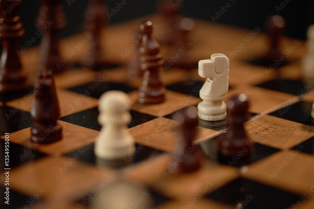 Close-up view of chess pieces on wooden chessboard emphasizing strategic positioning Details showcase elegance and precision in this classic board game Close-up view of chess pieces on wooden chessboard emphasizing strategic positioning Details showcase elegance and precision in this classic board game