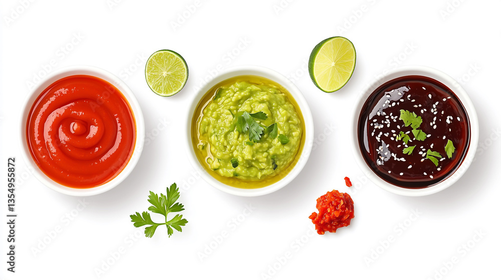 Overhead view of three bowls with ketchup guacamole and teriyaki sauce with lime and parsley garnish Overhead view of three bowls with ketchup guacamole and teriyaki sauce with lime and parsley garnish