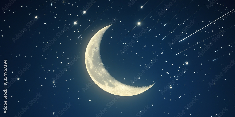 Bright Crescent Moon with Twinkling Stars and Shooting Stars in Night Sky Bright Crescent Moon with Twinkling Stars and Shooting Stars in Night Sky