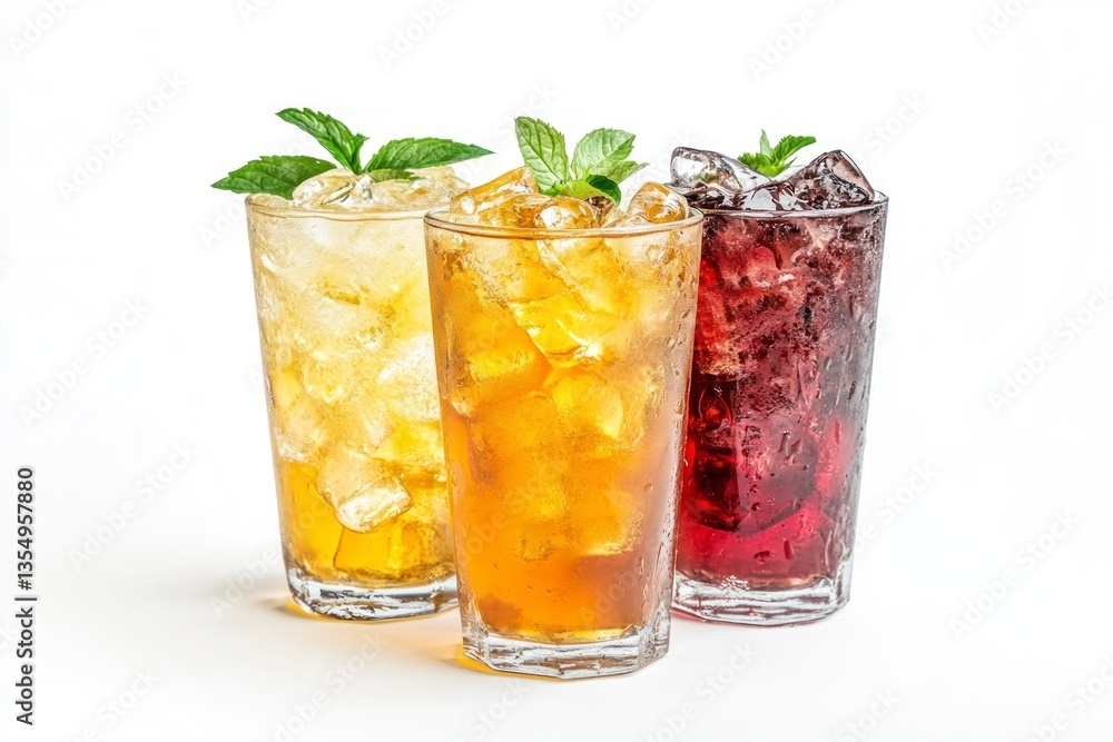 Refreshing Iced Tea Assortment with Mint Garnish on Bright White Background Refreshing Iced Tea Assortment with Mint Garnish on Bright White Background