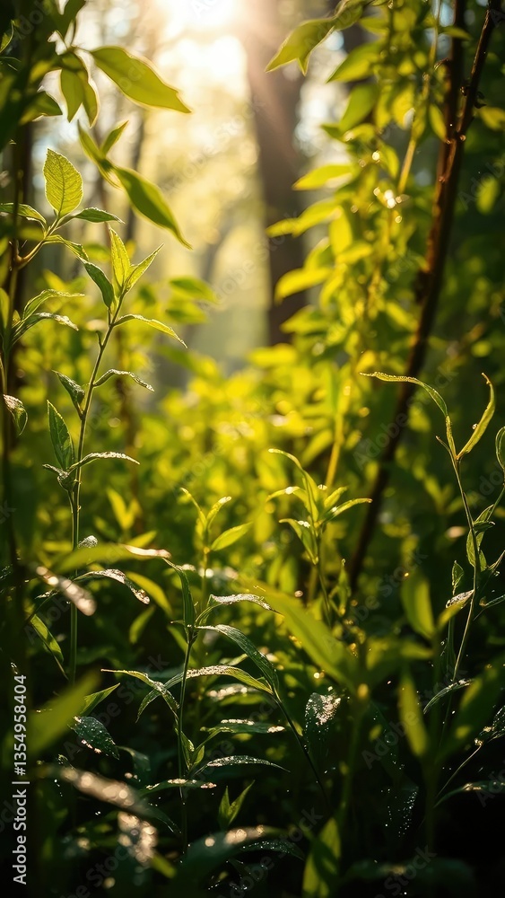 Obraz premium Dew-kissed forest leaves glowing in the sunlight, light, glowing