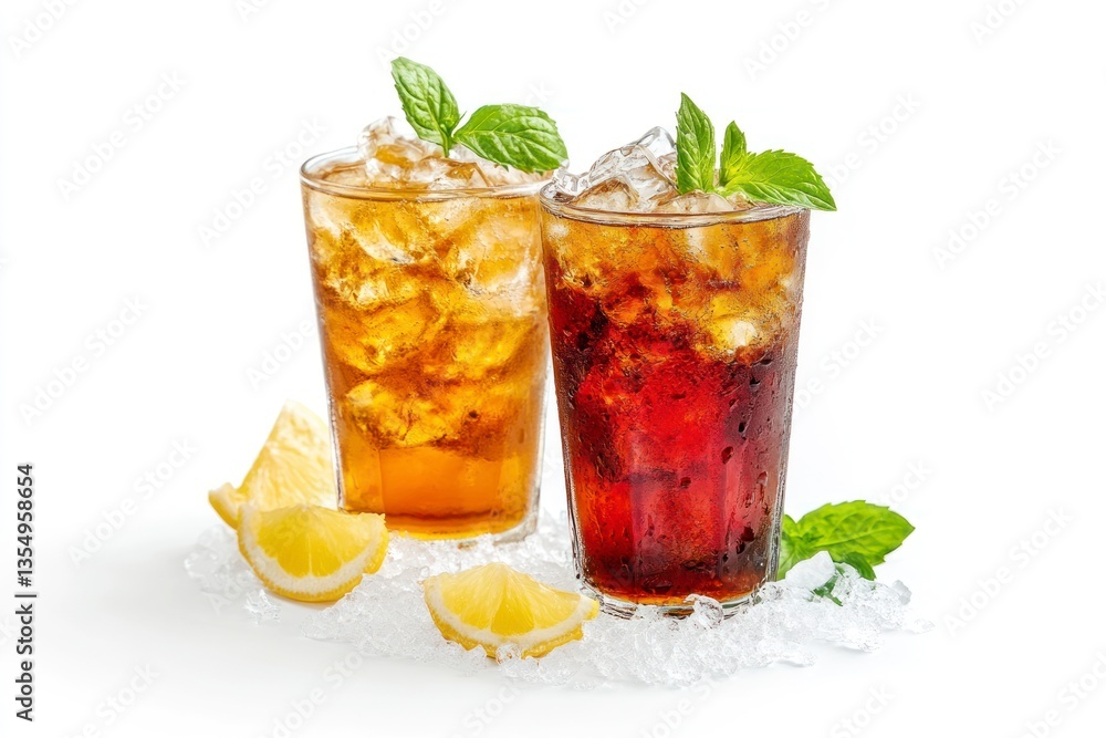 Refreshing Iced Tea Drinks with Lemon and Mint on White Background Refreshing Iced Tea Drinks with Lemon and Mint on White Background