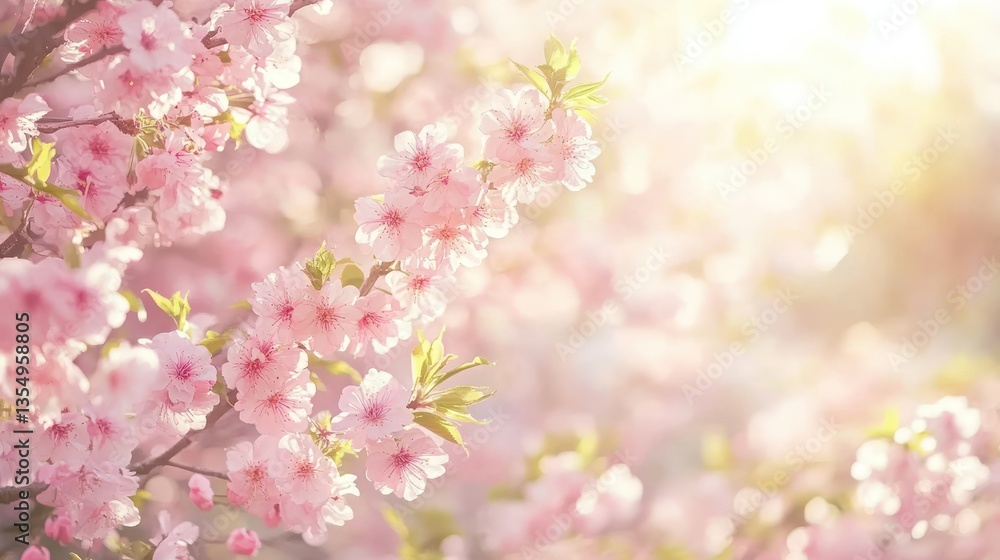 Delicate pink cherry blossoms bloom with soft warm natural sunlight Delicate pink cherry blossoms bloom with soft warm natural sunlight