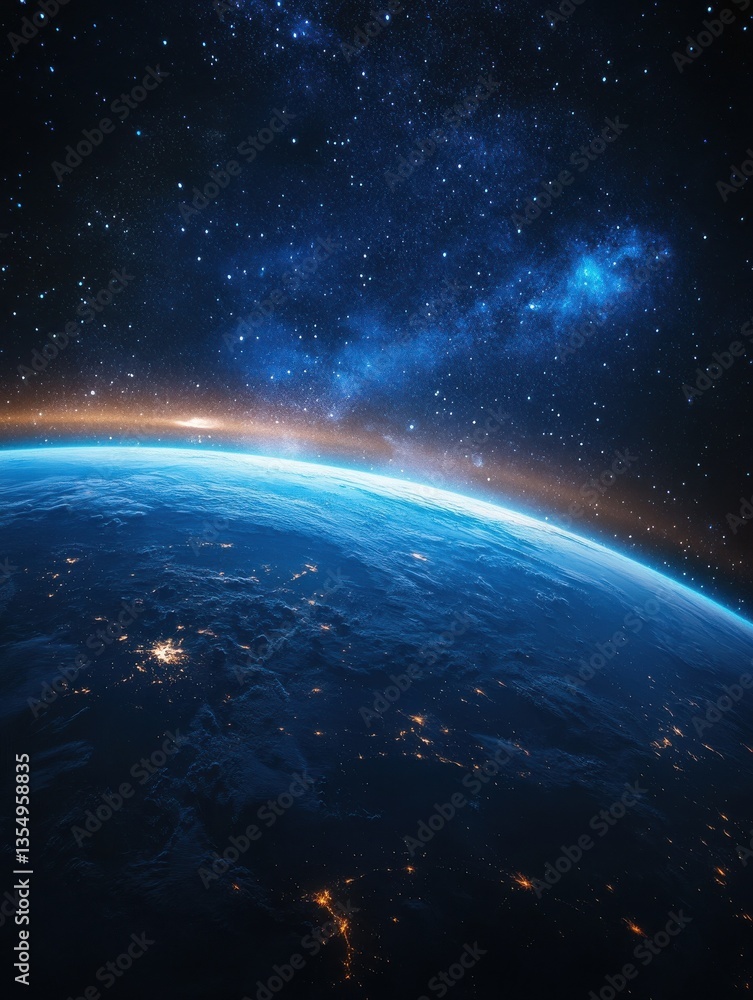 Fototapeta premium Earth's beautiful curve seen from space, starry backdrop, vast.