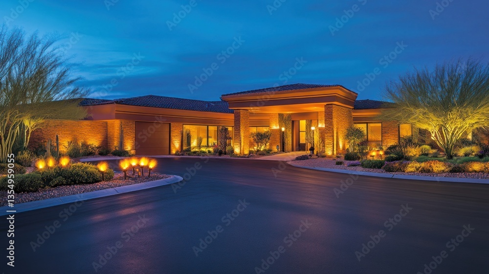 Fototapeta premium Illuminated modern home entrance driveway with desert landscaping at dusk