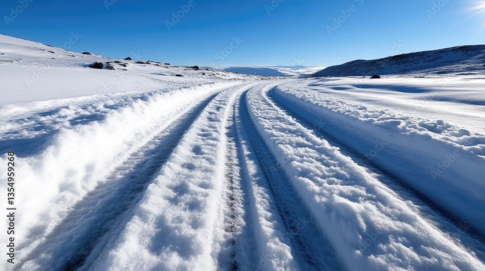 Snow-Covered Road Leading Through Mountain Landscape Snow-Covered Road Leading Through Mountain Landscape