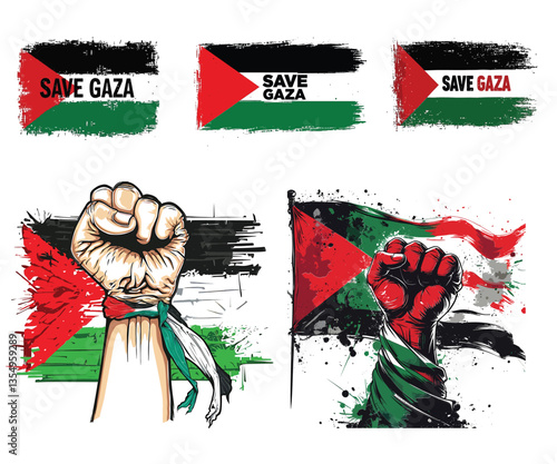 Save Gaza Flag, Palestine Grunge Flag, Protest Banner for Gaza,  Palestine Flag with Grunge Effect - Support Gaza Digital Art, Protest Poster - Save Gaza Message on Palestinian Flag Vector