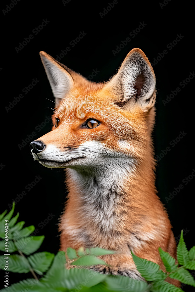 Obraz premium Red fox portrait against dark background, partially hidden by foliage