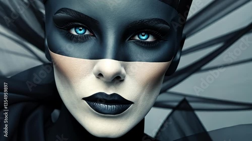 Intricate fashion portrait featuring striking makeup and dramatic lighting in a contemporary art setting