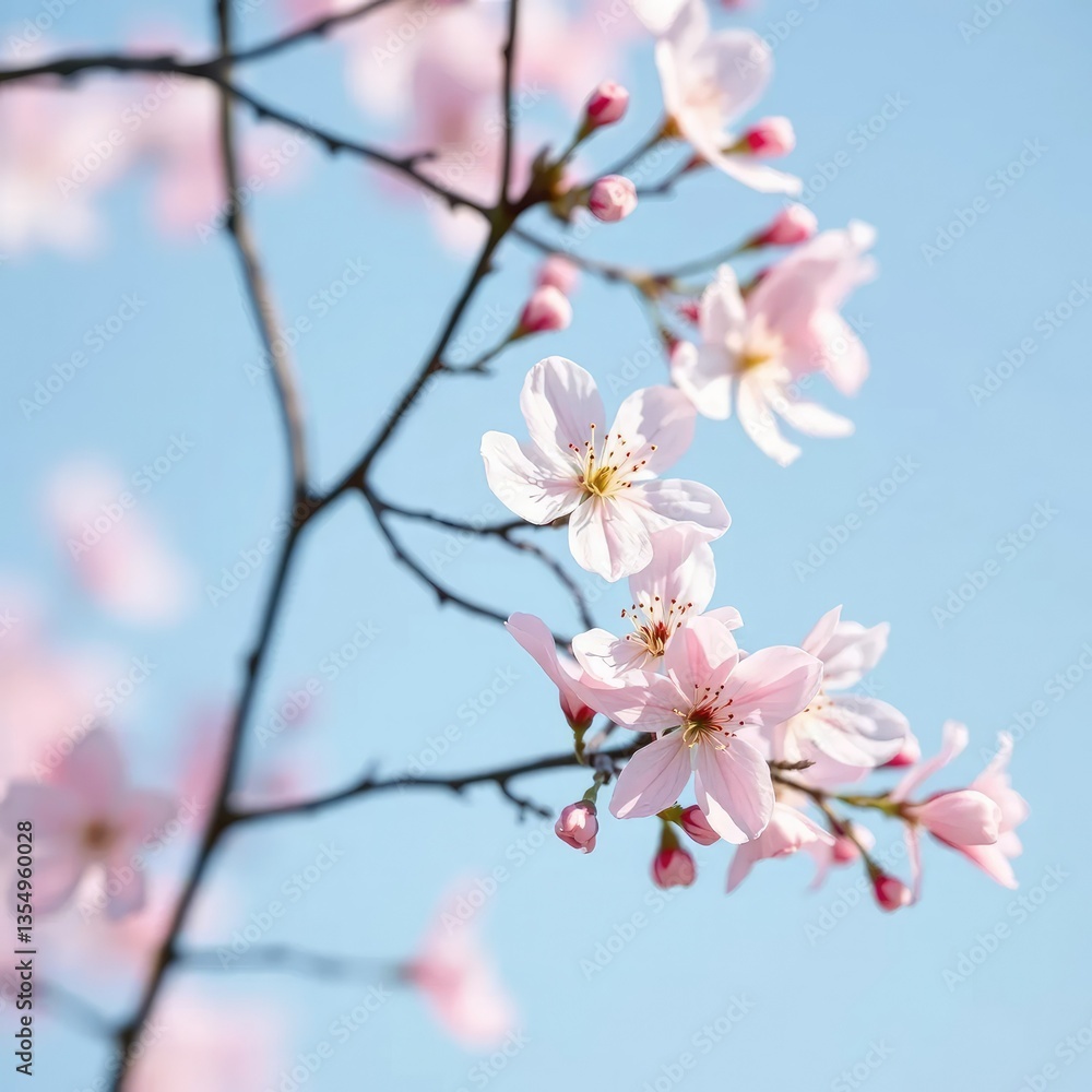Delicate pink blossoms gently sway in the breeze on a light blue background, light blue, soft petals Delicate pink blossoms gently sway in the breeze on a light blue background, light blue, soft petals