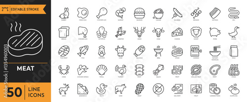 Meat icon set. Containing Meat products, food, Ham, Sausage, Steak, Chicken, Bacon, and more. vector illustration
