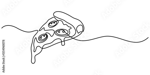 One line  Drawing or illustration of slice of pizza with pepperoni and mushrooms, Continuous one line drawing of pizza slice. One line drawing illustration of italian pizza. Fast food, junk food pro. 