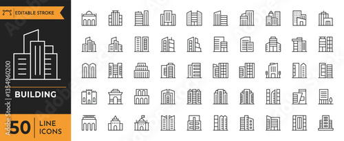 Building icon set. Containing Apartment, House, Real Estate, Cityscape, Office, and more. Vector illustration