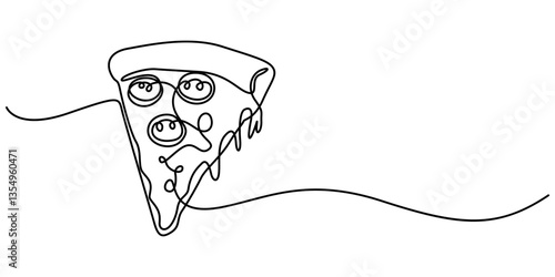 One line  Drawing or illustration of slice of pizza with pepperoni and mushrooms, Continuous one line drawing of pizza slice. One line drawing illustration of italian pizza. Fast food, junk food pro. 