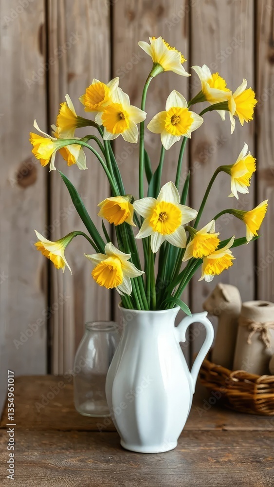 Daffodils in a white ceramic vase on a rustic table, wood accents, country flowers, vintage charm Daffodils in a white ceramic vase on a rustic table, wood accents, country flowers, vintage charm