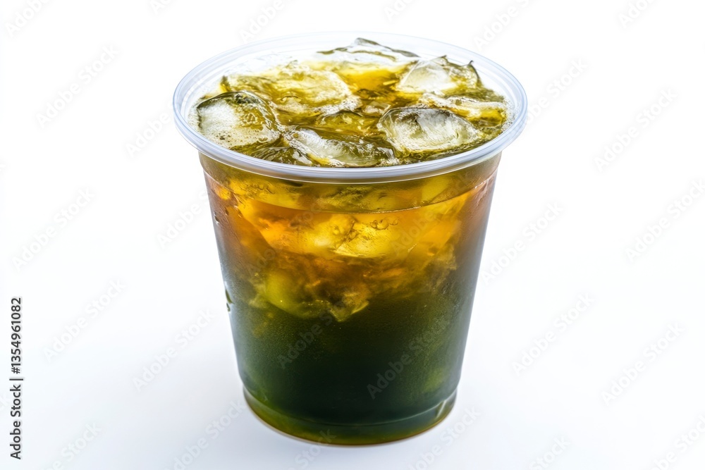Iced Matcha Latte in Clear Cup on White Background Refreshing Drink Iced Matcha Latte in Clear Cup on White Background Refreshing Drink