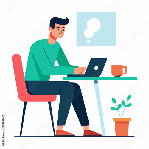 A remote worker drinking coffee while checking emails on a white background