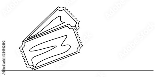 Continuous one line drawing cinema ticket. Vintage cinema ticket isolated on a white background. Vector illustration, Ticket Single Line Icon, Cinema tickets seamless texture for your background pro.